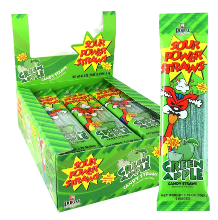 Dorval Sour Power Straws Green Apple 24 Count