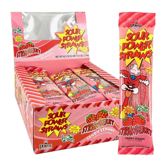 Dorval Sour Power Straws Strawberry 24 Count
